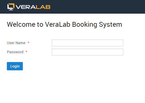 Welcome to VeraLab Booking System login page with User Name and Password fields