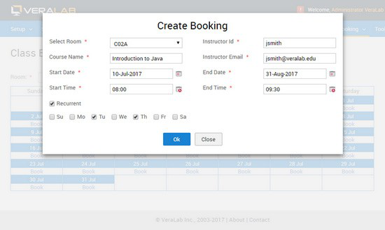 Create Booking window for a recurring class booking with room, course name, instructor, dates, times and weekdays