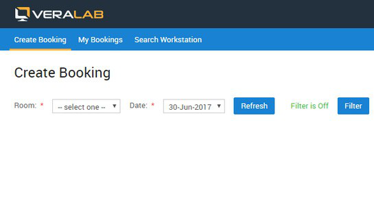 Create Booking tab with Room and Date selectors and Refresh and Filter buttons