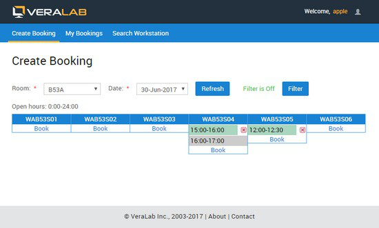 Booking App Create Booking grid showing workstations in a room with reserved time slots and Book links