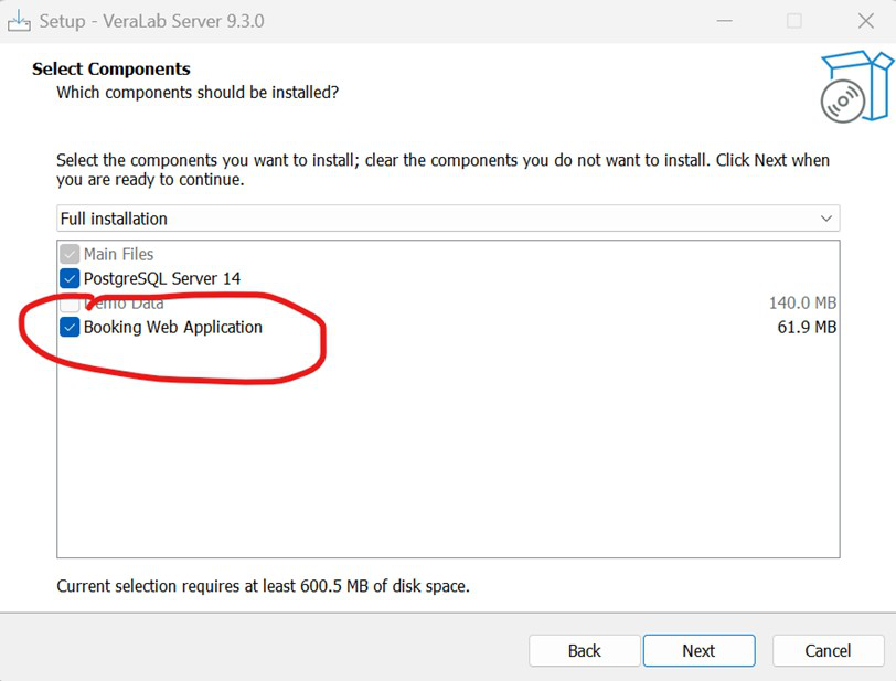 VeraLab Server setup Select Components step with the Booking Web Application component checked