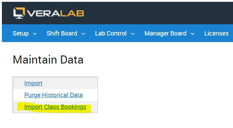Maintain Data page with the Import Class Bookings link highlighted