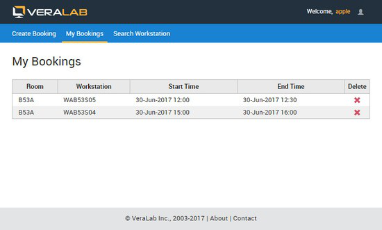 My Bookings tab listing the user's reservations with room, workstation, start and end times and a delete icon