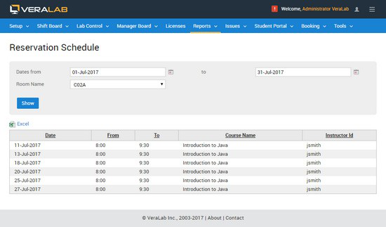 Reservation Schedule report for room C02A listing class booking dates, times, course name and instructor ID