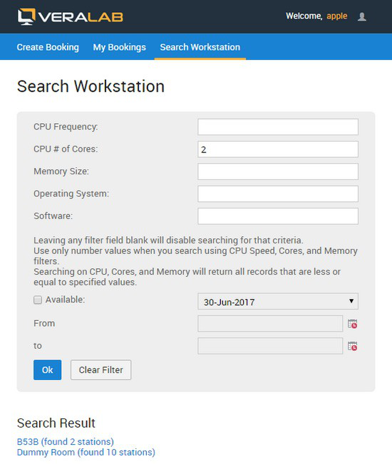 Booking App Search Workstation form with CPU, cores, memory, operating system, software and availability filters