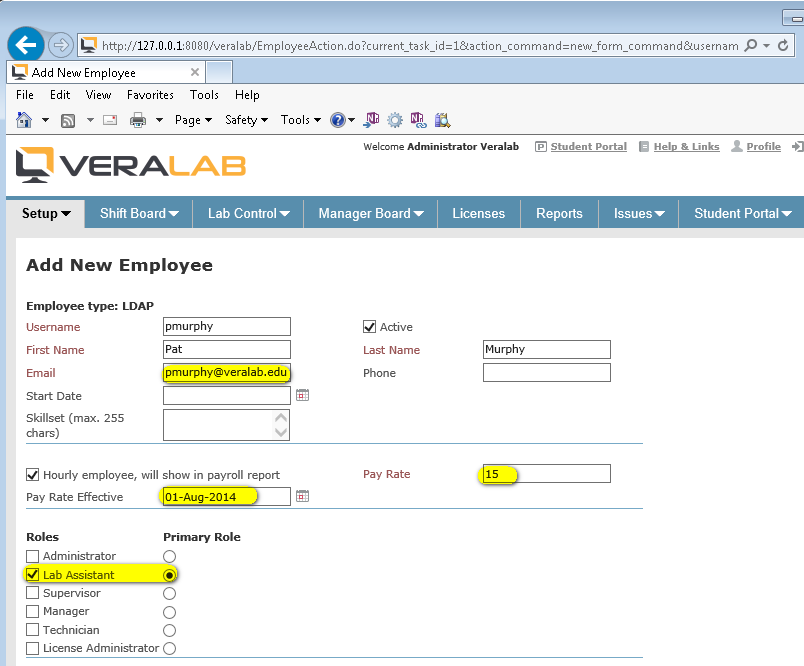 Add New Employee form for an LDAP employee with email, pay rate, effective date and the Lab Assistant role selected