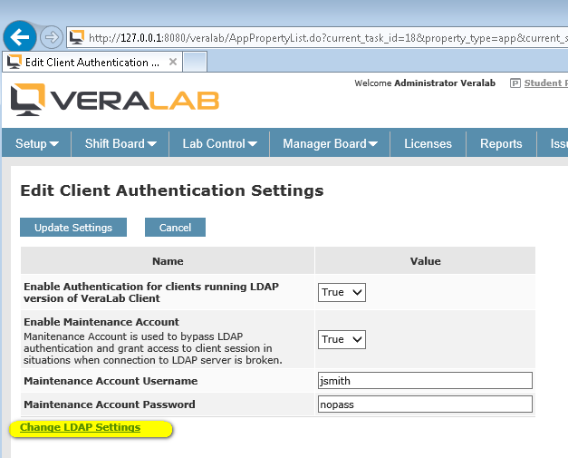 Edit Client Authentication Settings with the Change LDAP Settings link highlighted