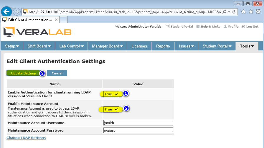 Edit Client Authentication Settings with client LDAP authentication and the maintenance account both set to True