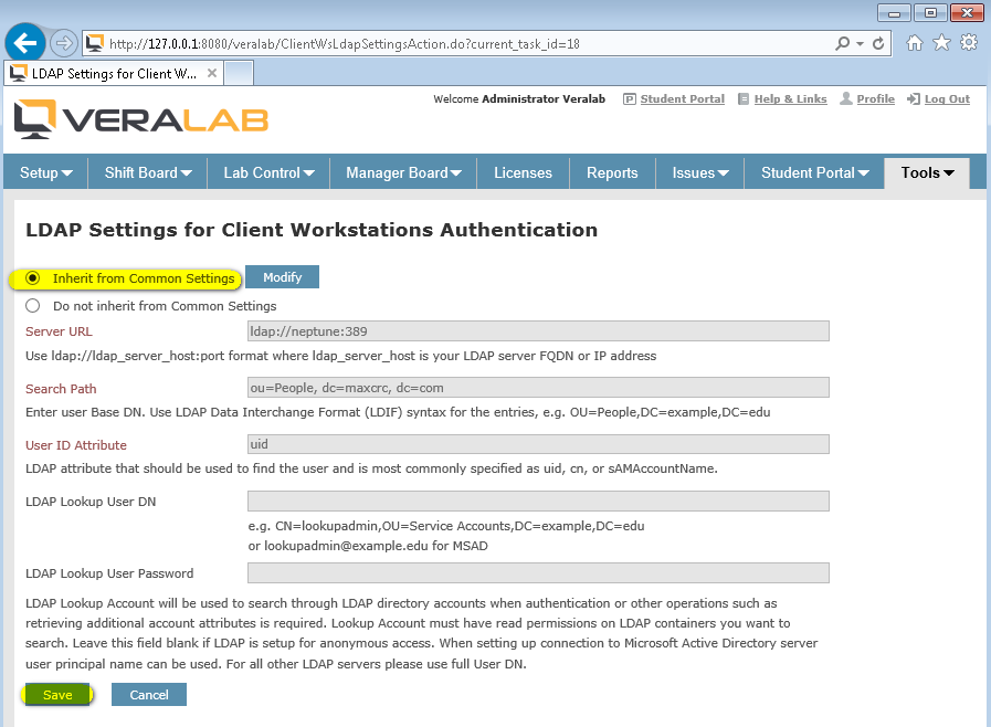 LDAP Settings for Client Workstations Authentication with Inherit from Common Settings selected and the Save button highlighted