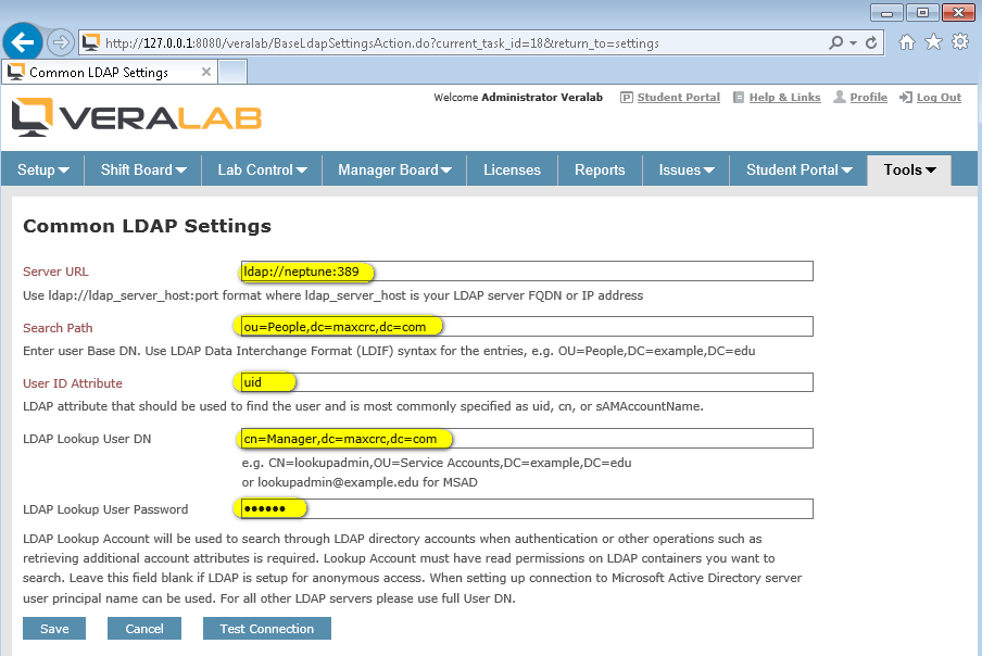 Common LDAP Settings form with Server URL, Search Path, User ID Attribute, LDAP Lookup User DN and password fields