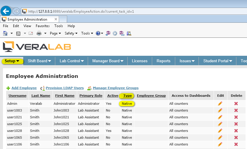 Employee Administration list in which every account, including Admin, has the Type Native