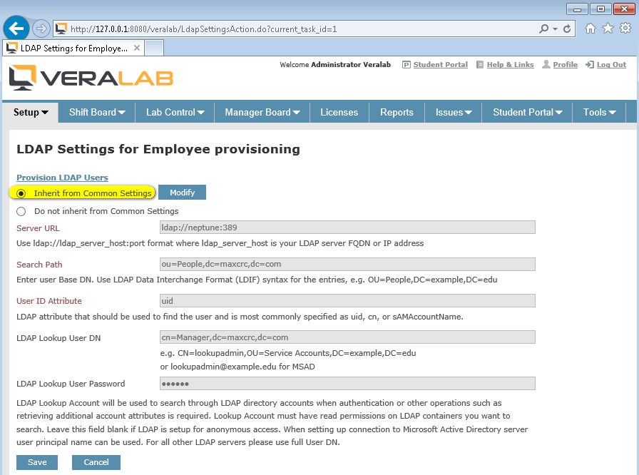 LDAP Settings for Employee provisioning with Inherit from Common Settings selected and the inherited values greyed out