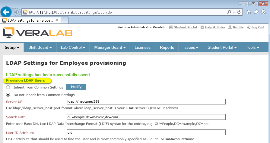 Confirmation that LDAP settings have been saved, with the Provision LDAP Users link highlighted