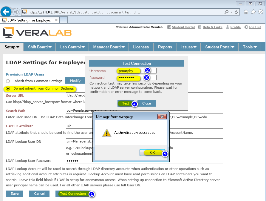 Test Connection dialog with a test username and password, and an Authentication succeeded message
