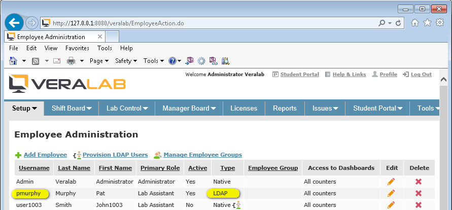 Employee Administration list showing the newly provisioned user with Type LDAP