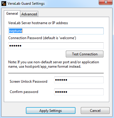 VeraLab Guard Settings window with server hostname, connection password and Screen Unlock password fields