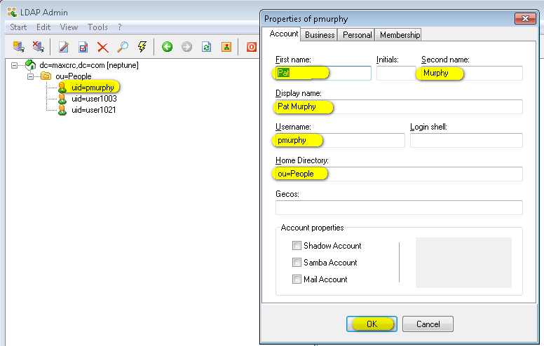 LDAP Admin Properties dialog for a new test user with first name, last name, display name, username and home directory