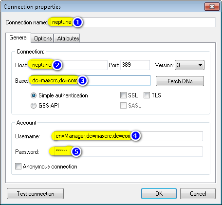 LDAP Admin Connection properties dialog with connection name, host, port 389, base DN and Manager account filled in