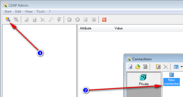 LDAP Admin toolbar Connect icon and the New connection icon in the Connections window