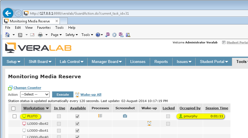 VeraLab Monitoring page showing a workstation occupied by the LDAP user with the session time