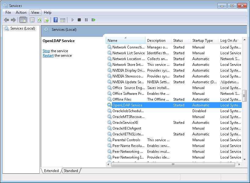 Windows Services console showing OpenLDAP Service started with Automatic startup type