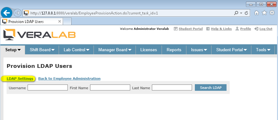 Provision LDAP Users page with the LDAP Settings link highlighted above the search fields