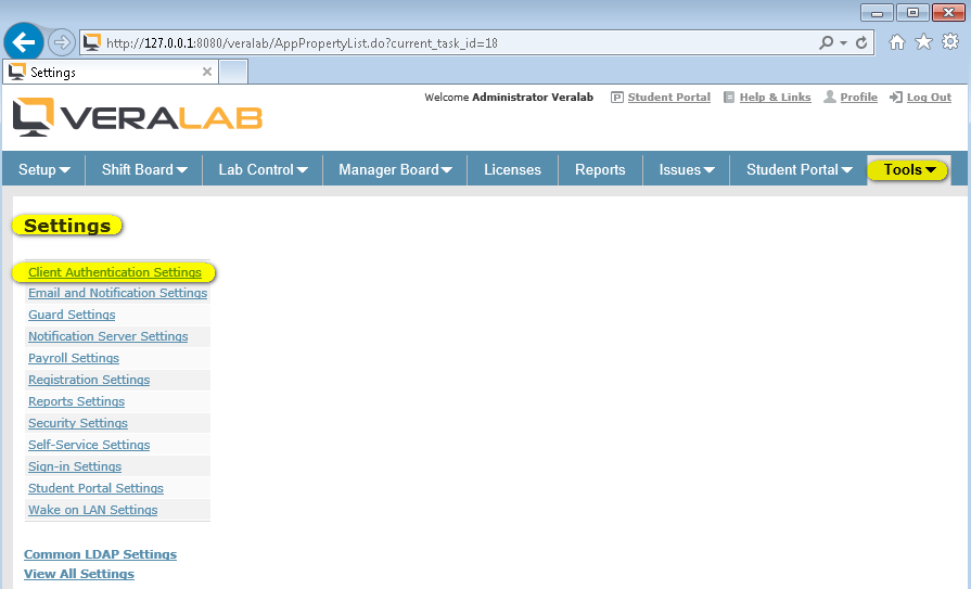 VeraLab Tools menu Settings page with the Client Authentication Settings link highlighted