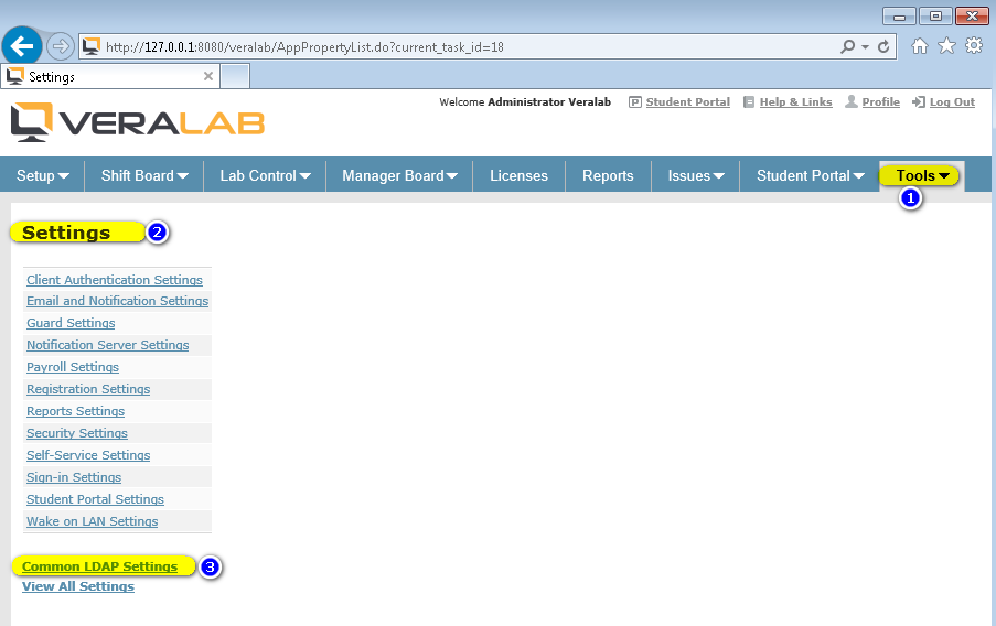 VeraLab Tools menu Settings page with the Common LDAP Settings link highlighted