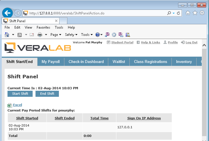 Shift Panel page shown to a Lab Assistant after logging in, with Start Shift and End Shift buttons