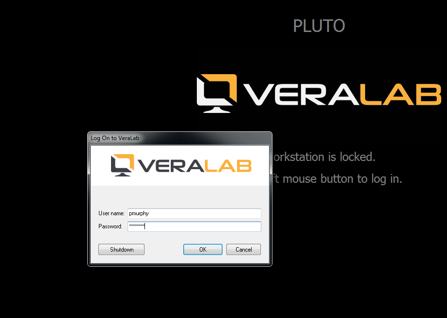 VeraLab lock screen on a workstation with the Log On to VeraLab dialog asking for user name and password