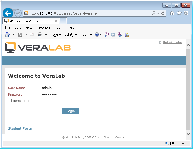 VeraLab web application login page with the admin user name entered