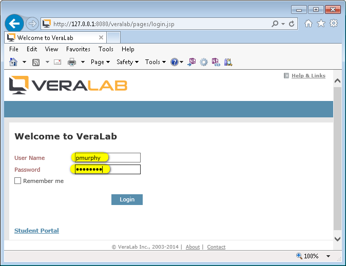 VeraLab login page with the LDAP user's username and password entered