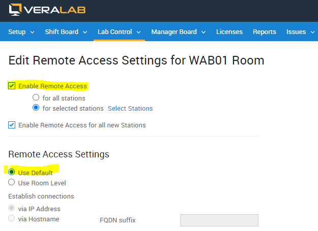 Edit Remote Access Settings for WAB01 Room with Enable Remote Access checked, for selected stations chosen and Use Default settings selected