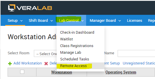 Lab Control menu open with the Remote Access item highlighted