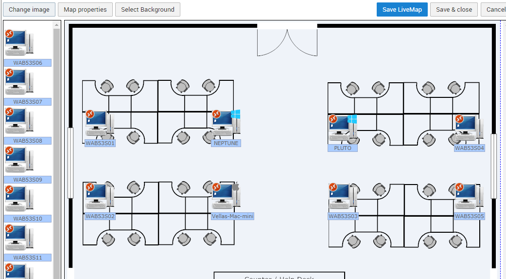 LiveMap editor for room WAB53A with stations placed on a floor plan, each showing a remote connection icon