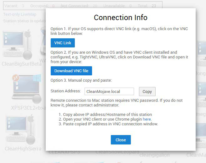 Connection Info window for a Mac station with VNC Link, Download VNC file and manual copy and paste options