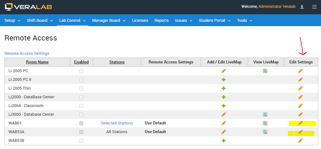 Remote Access room list with the Edit Settings column and a room's edit icon highlighted