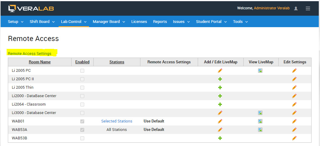 Remote Access page with the Remote Access Settings link highlighted above the list of rooms