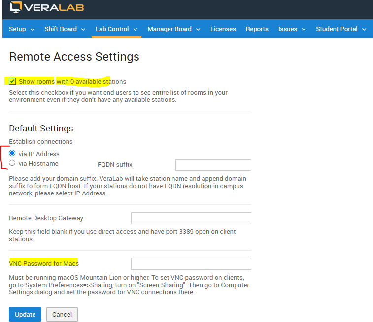 Remote Access Settings page with the show rooms checkbox, connection method, Remote Desktop Gateway and VNC Password for Macs fields