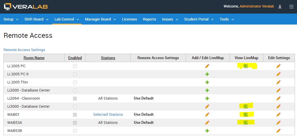 Remote Access room list with View LiveMap icons highlighted for rooms that have a LiveMap