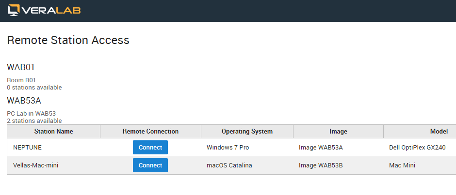 Remote Station Access page listing rooms with available stations and a Connect button for each station
