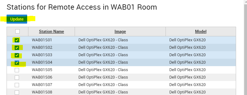 Stations for Remote Access in WAB01 Room pop-up with four stations checked and the Update button highlighted