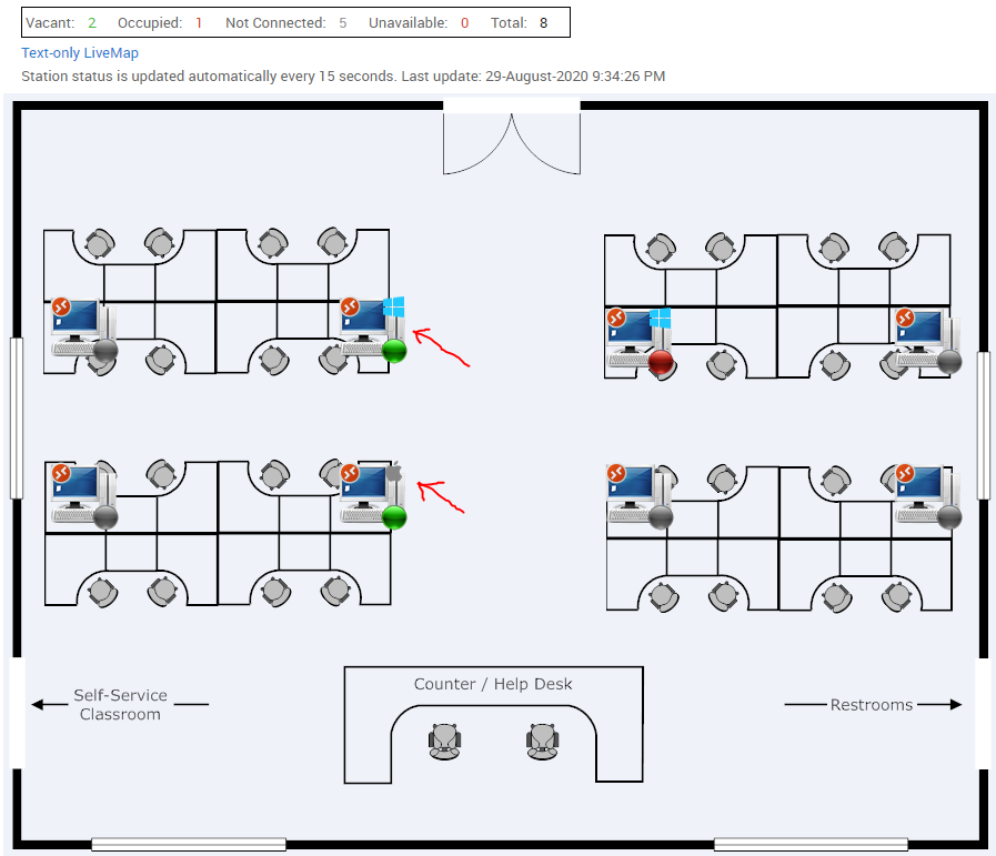 Student Portal LiveMap of a lab floor plan with remote connection icons on available stations