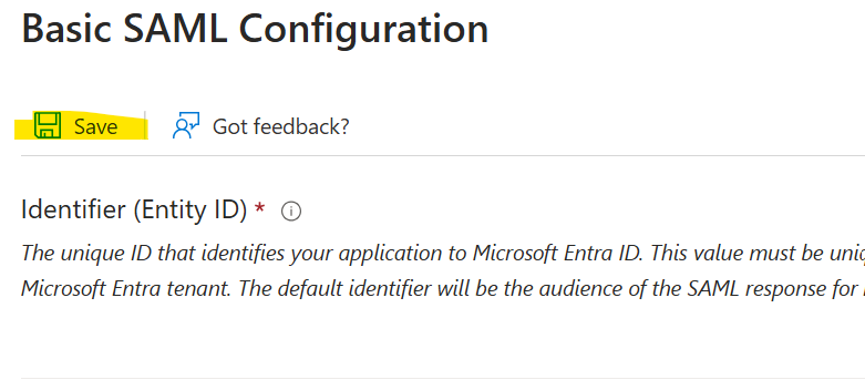 Entra Basic SAML Configuration panel with the Save button highlighted