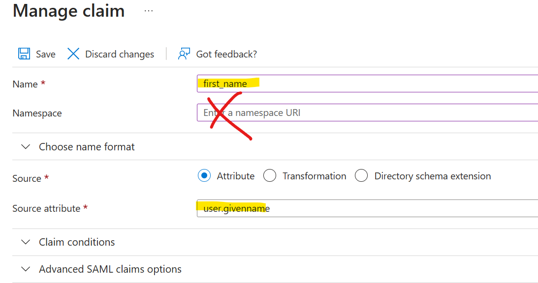 Entra Manage claim form for first_name with an empty Namespace and source attribute user.givenname