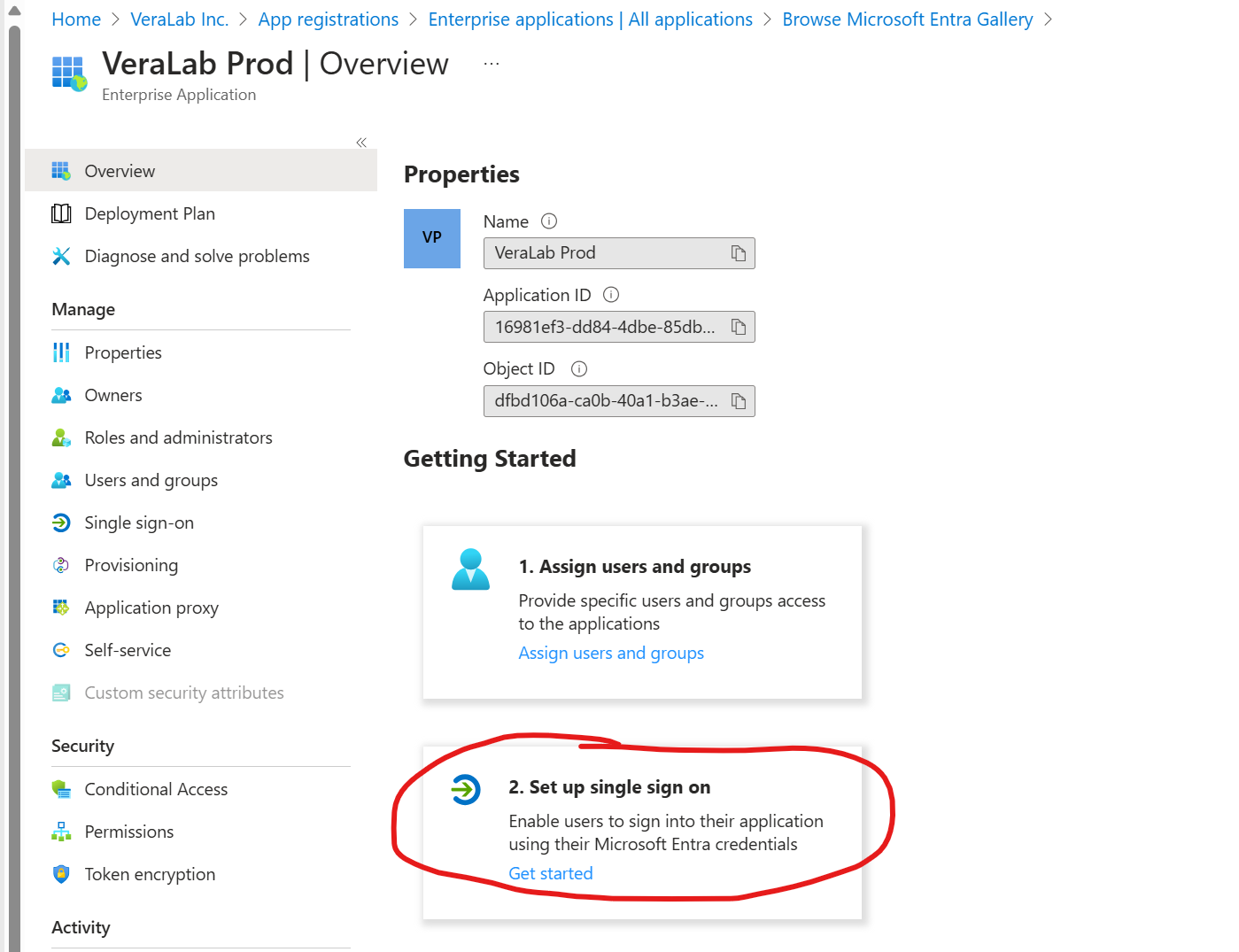 VeraLab Prod enterprise application Overview page with the Set up single sign on Get started link circled