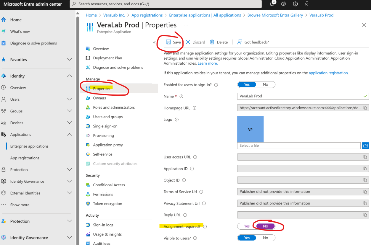 Entra enterprise application Properties screen with Assignment required set to No and the Save button circled