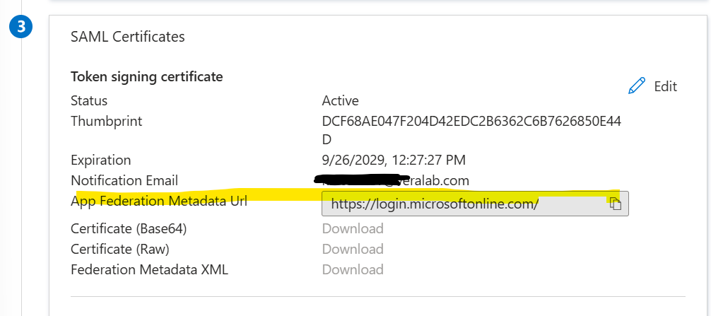 SAML Certificates section of the Entra SAML setup page with the App Federation Metadata Url field highlighted