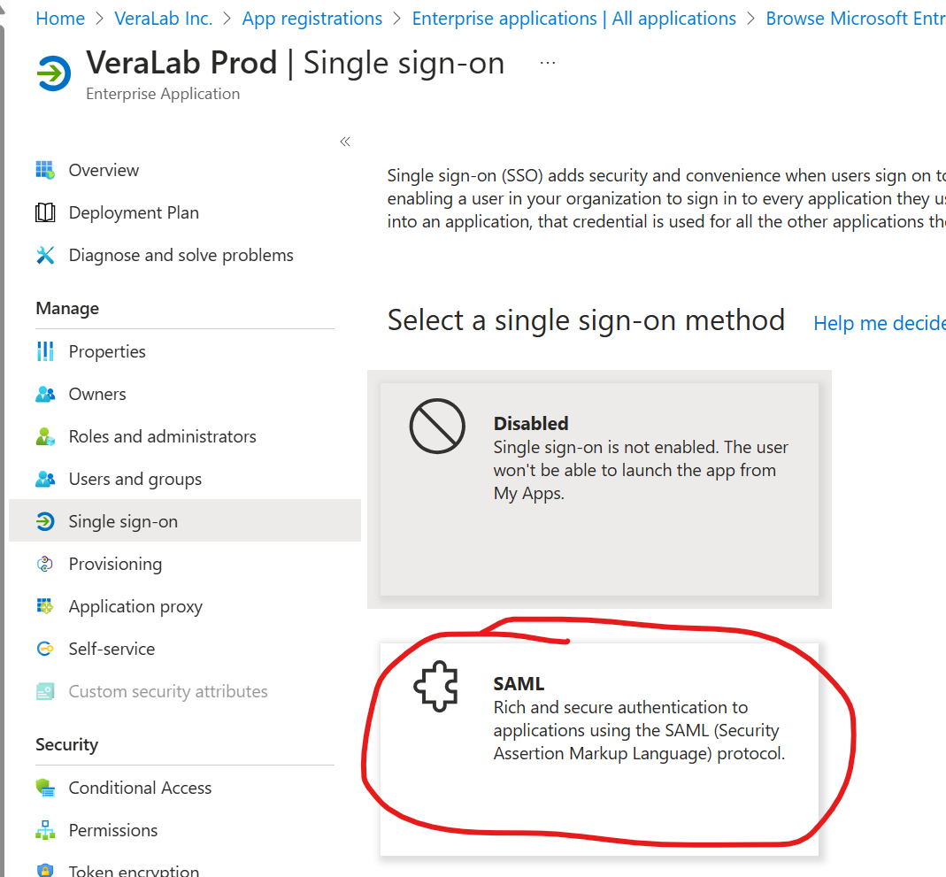 Select a single sign-on method page in Microsoft Entra with the SAML option circled