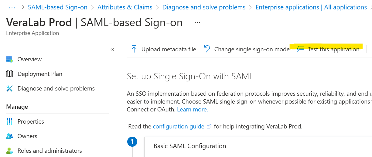 Entra SAML-based Sign-on page for VeraLab Prod with the Test this application link highlighted